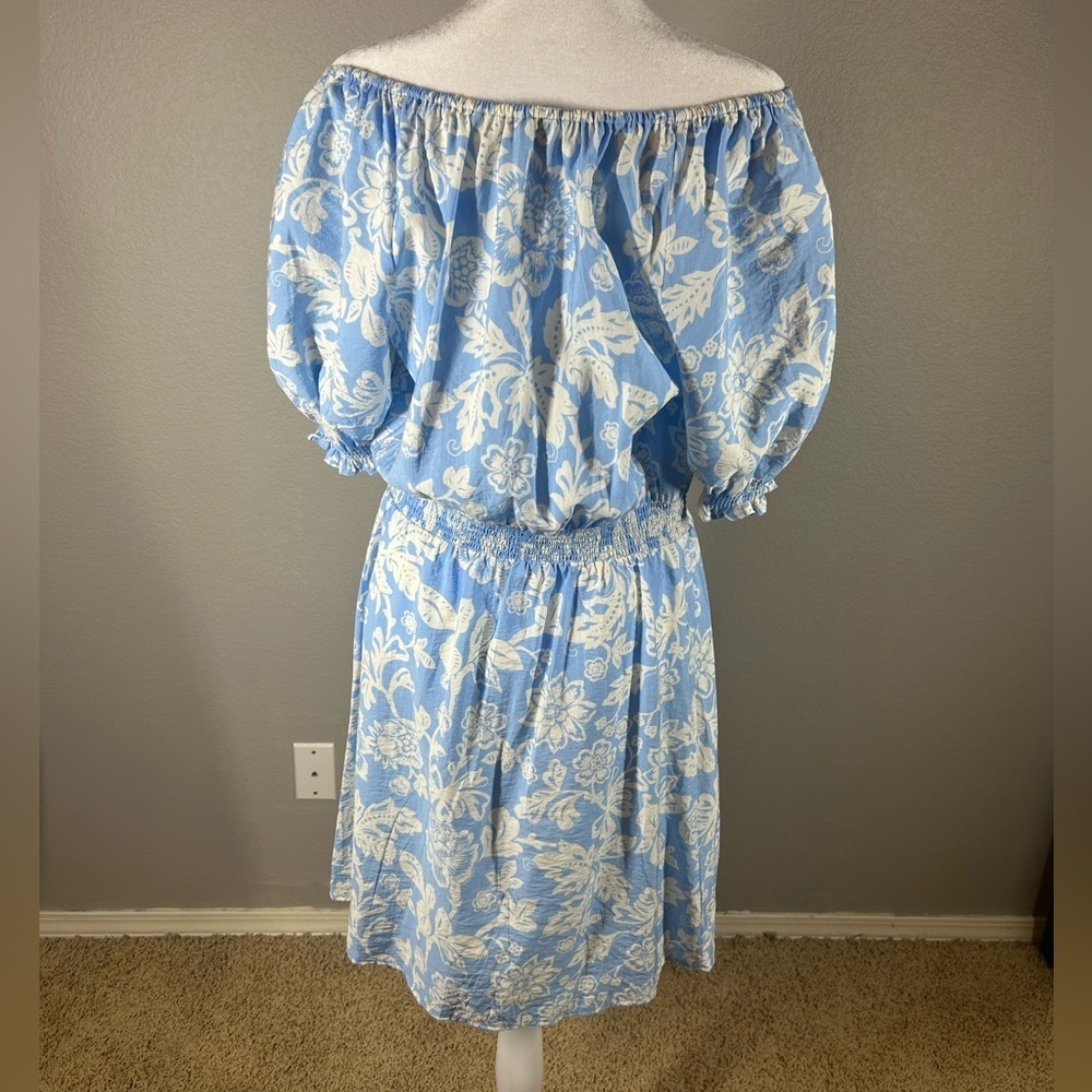 Ann Taylor Off The Shoulder Puff Sleeves Blue & White Floral Summer Dress Size L - Picture 9 of 10